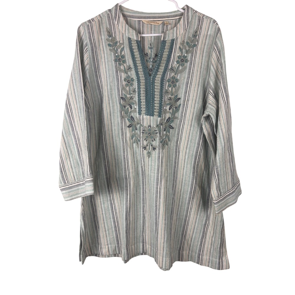Soft Surroundings Cotton Striped Embroidered Tunic Top Blue Green Large